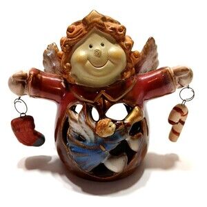Ceramic Glow Through Candle Holder Standing Holiday Angel Stocking Candy Cane